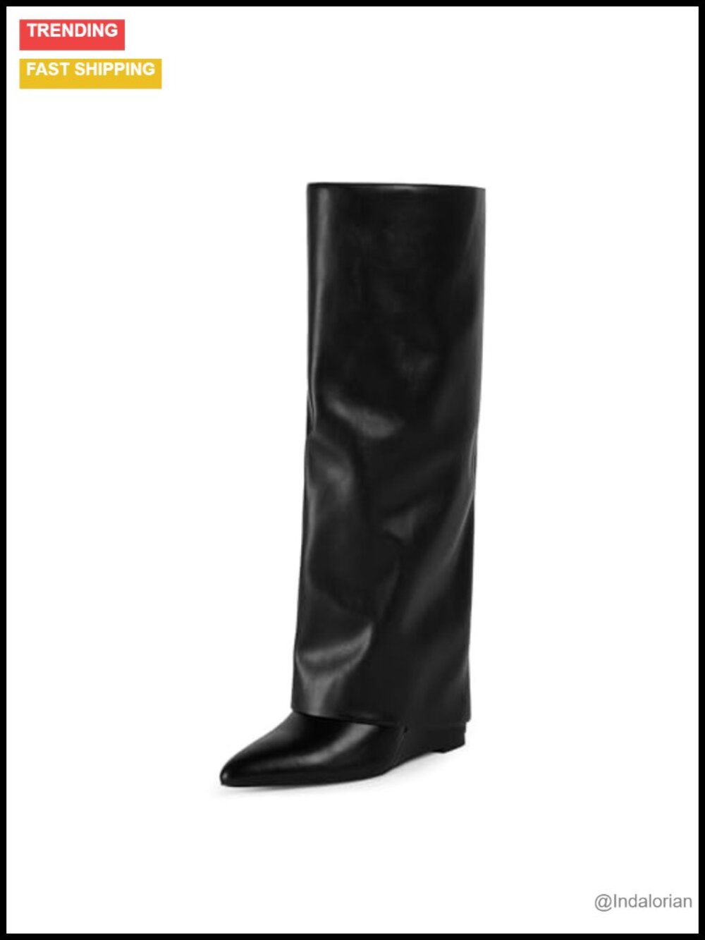 Fold Over Knee High Boots Faux Leather Wide Calf Wedge Heel Pointed Toe